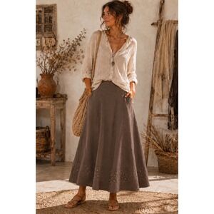 Per Una M&S Brown 100% Linen Embroidered Boho Lagenlook Midi Skirt Size 12